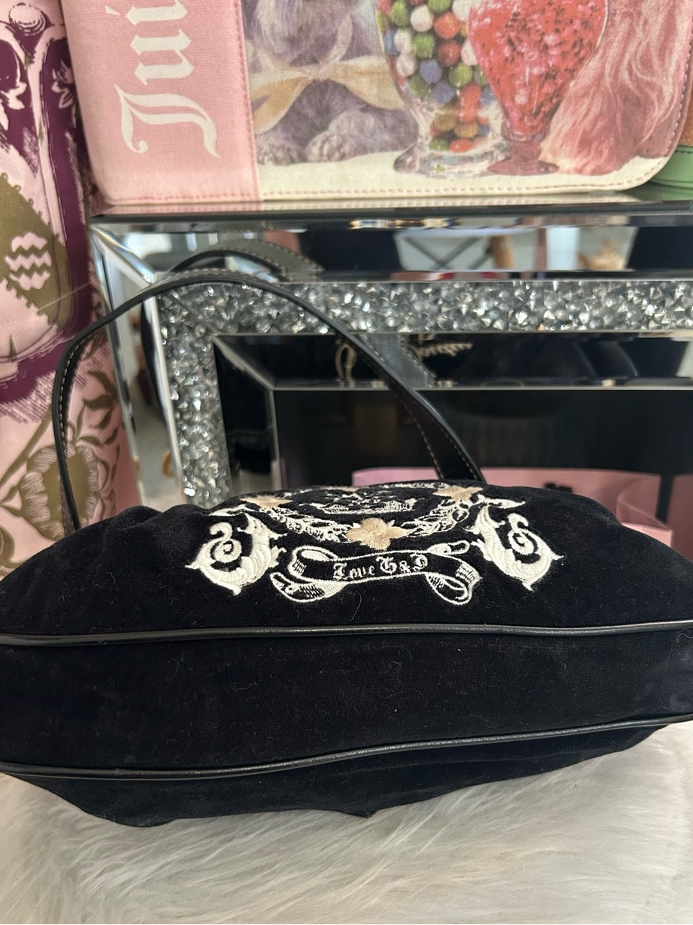 Y2K Vintage 2011 Juicy Couture Black Velour Shoulder Bag Butterfly Heart Charm - Picture 9 of 14